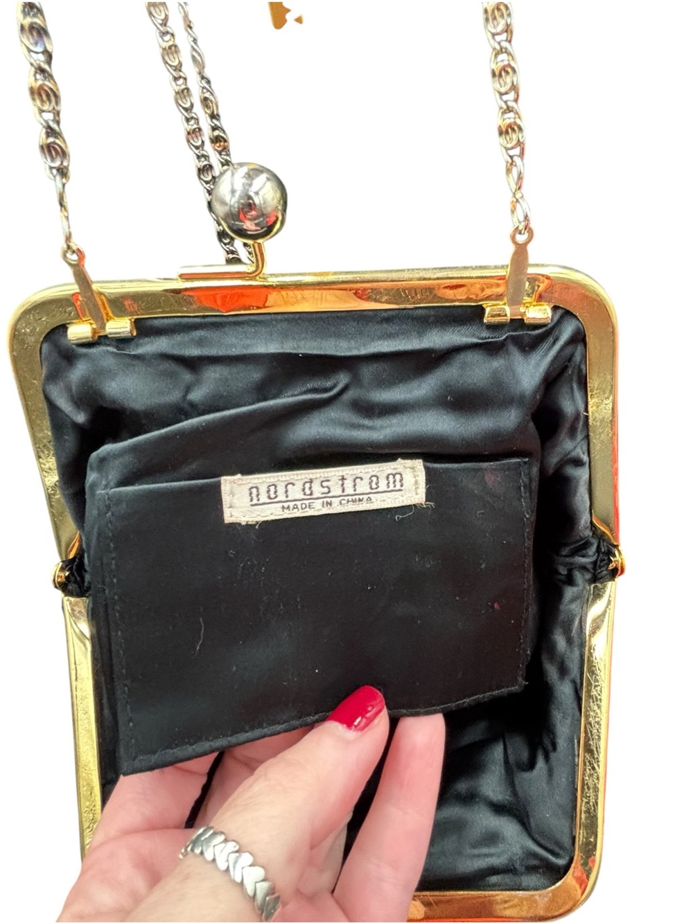 Vintage Nordstrom Black Pleated Evening Bag, Gold Tone Kiss Lock, Chain Strap - Picture 11 of 14